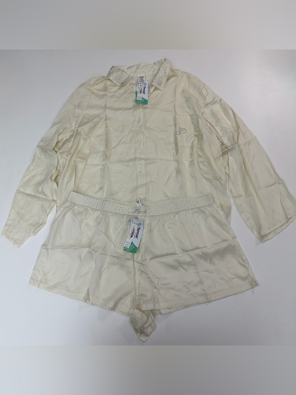 PINK Victoria's Secret Cream Satin Button-Up Pajama Set Size XL